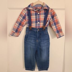 Oshkosh Baby Boys Long Sleeve Bodysuit and denim jean with suspenders